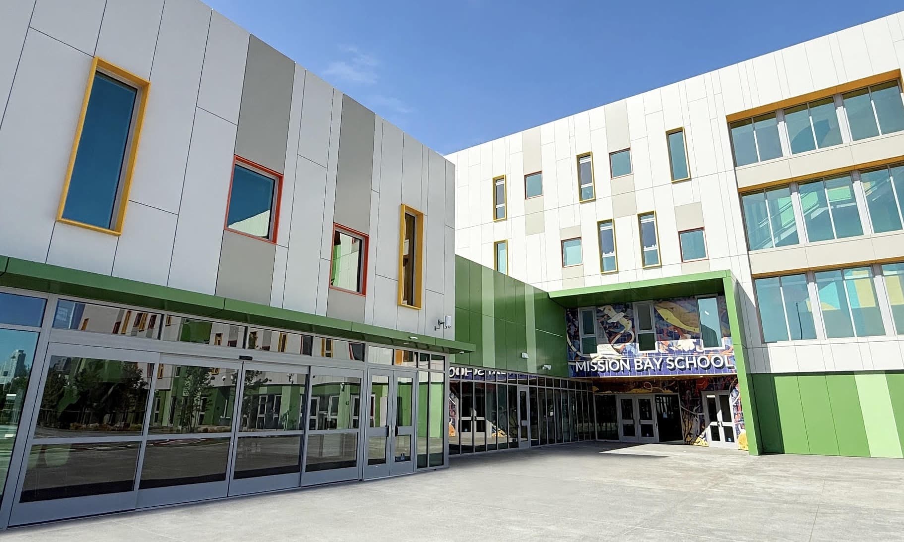 Mission Bay School courtyard and campus entrance