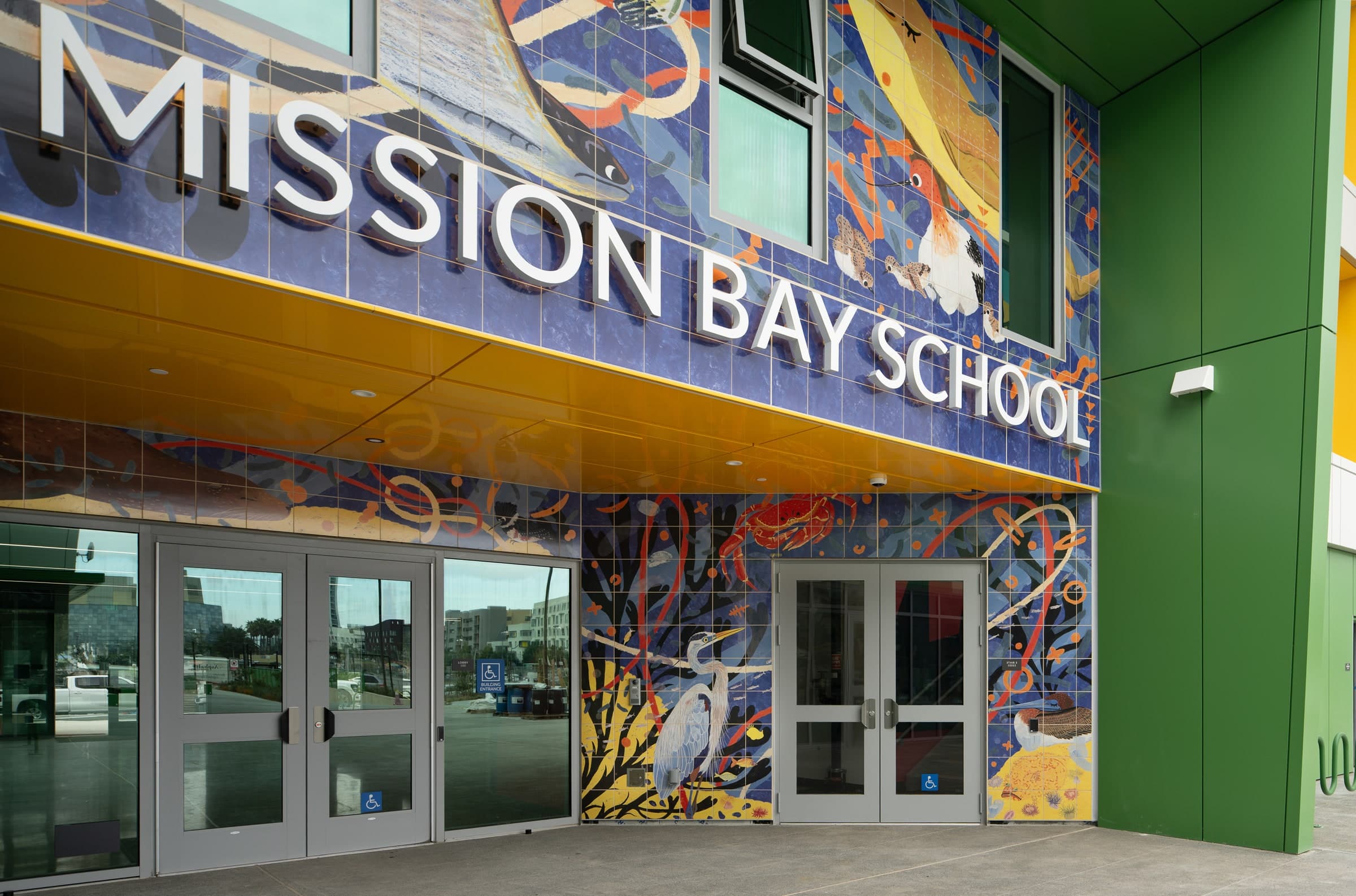 Mission Bay School entrance mural and sign