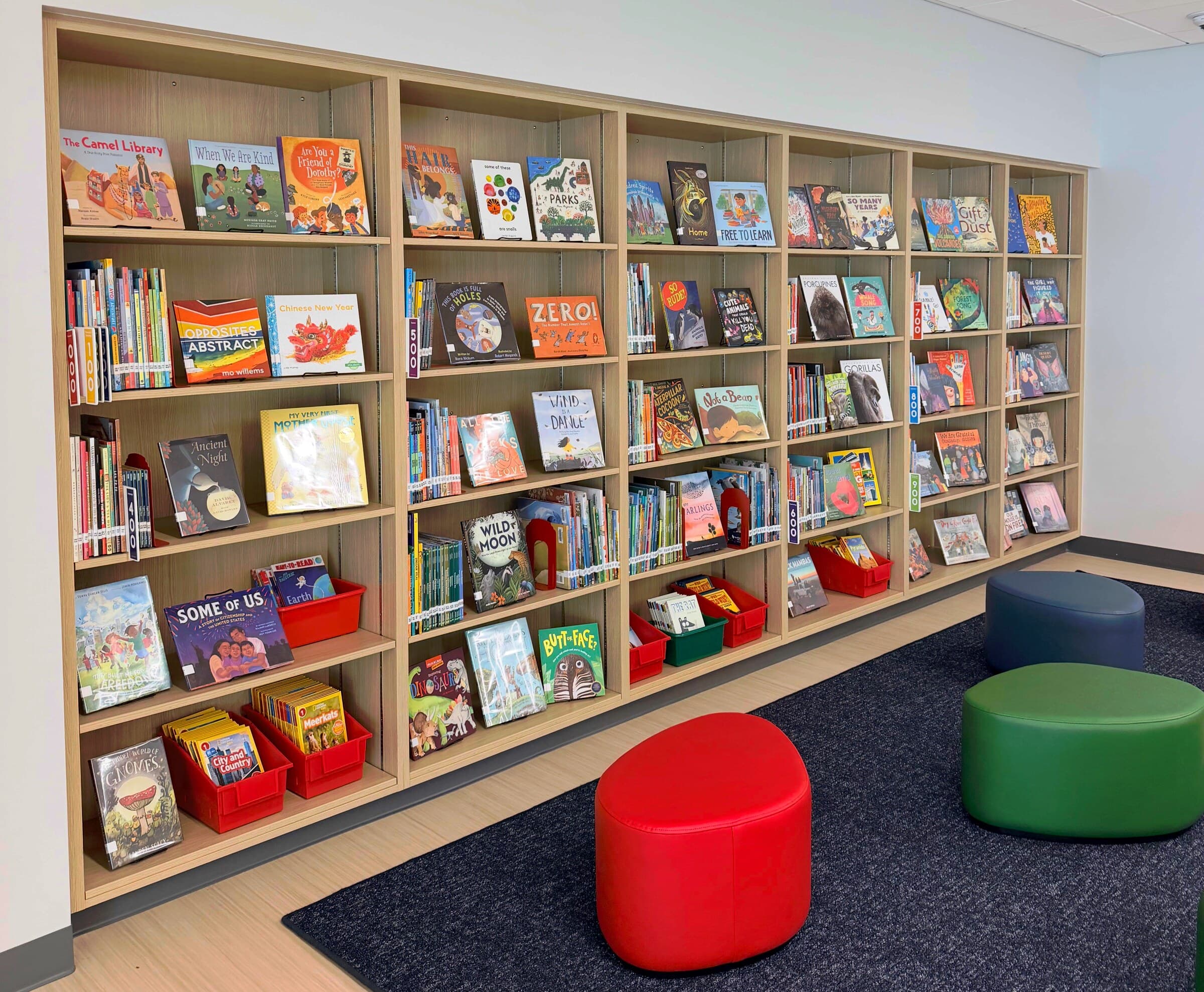The school library, with picture books shelved face-out above floor cushions
